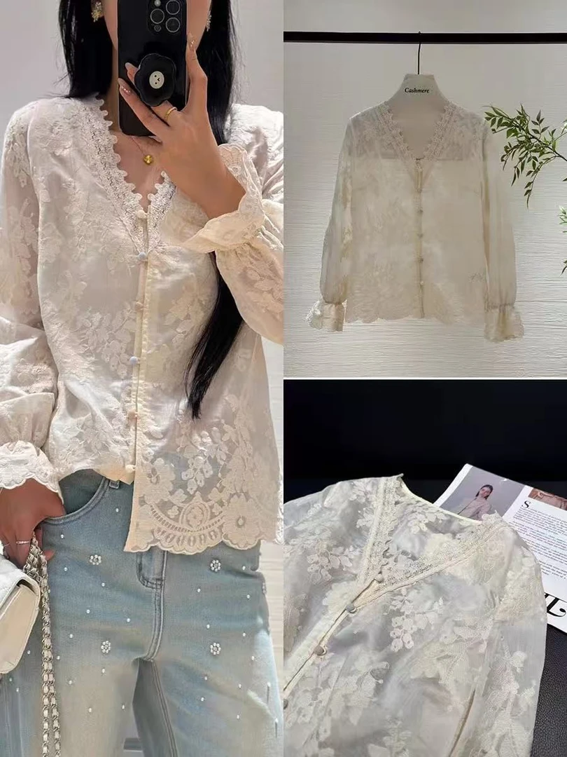 品牌撤柜小众V领蕾丝花边重工刺绣防晒衬衫女夏季新款