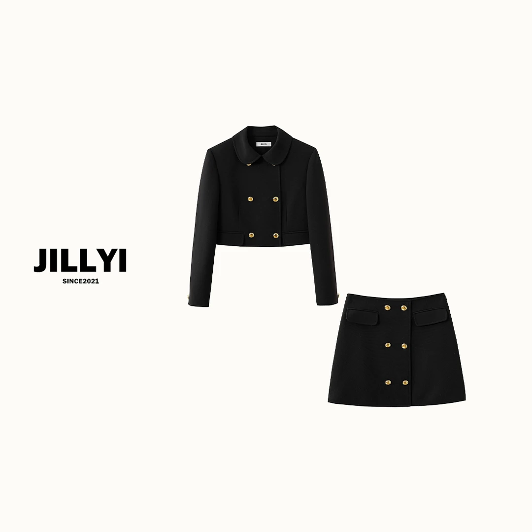 JILLYI【初冬夜空】黑色POLO领金色双排扣短外套+黑色简约半身裙