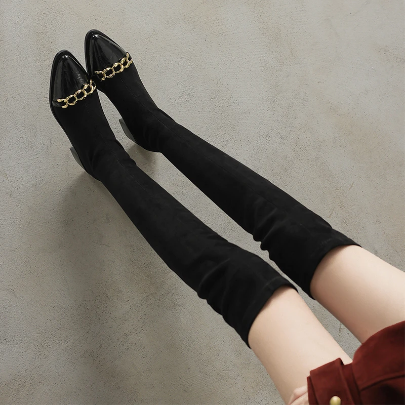 过膝长靴女冬季粗跟大码靴子41到43法式尖头弹力高筒小鸟腿瘦瘦靴