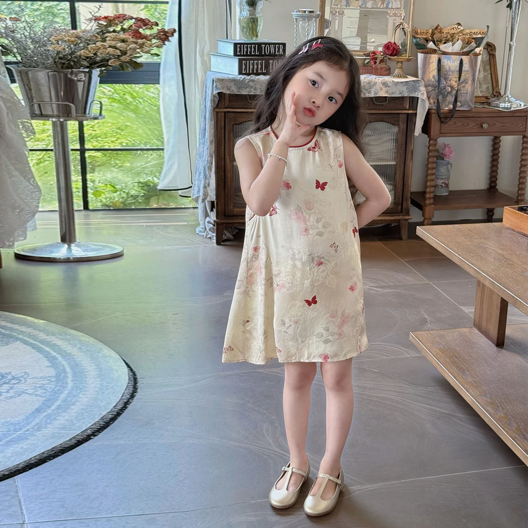 壹妈童装女童2025夏季新款新中式复古纯色挂脖中国风韵味旗袍裙连