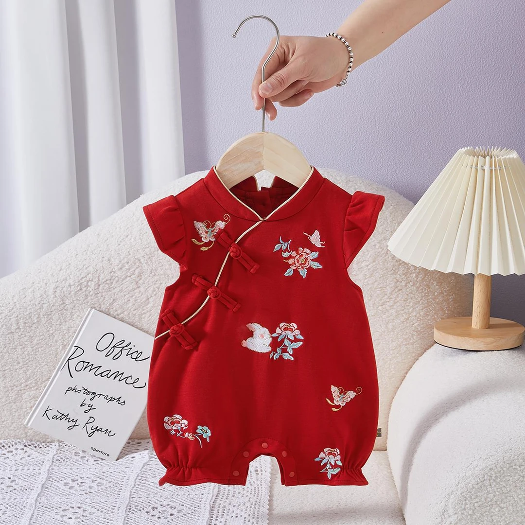 FAVMRTHA夏季周岁礼服女宝宝红色中式唐装婴儿满月百日宴超萌公主