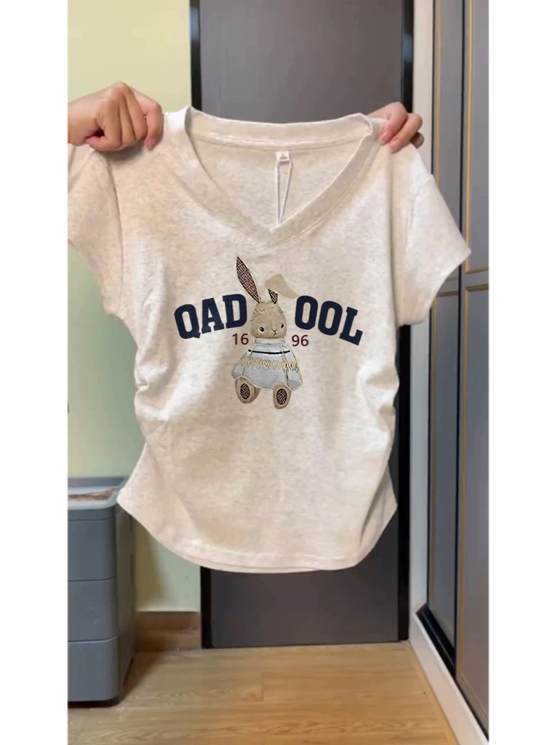 【大码】8191褶皱设计感短袖女夏季2025新款卡通正肩t恤显瘦上衣