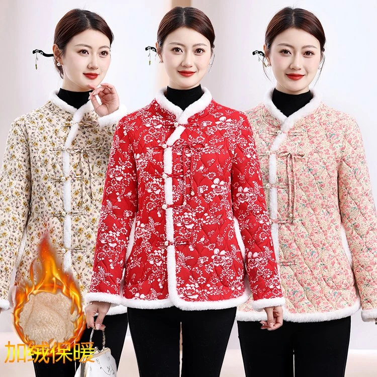 冬季东北女装新款碎花加绒棉服网红复古加厚棉衣保暖棉袄妈妈外套