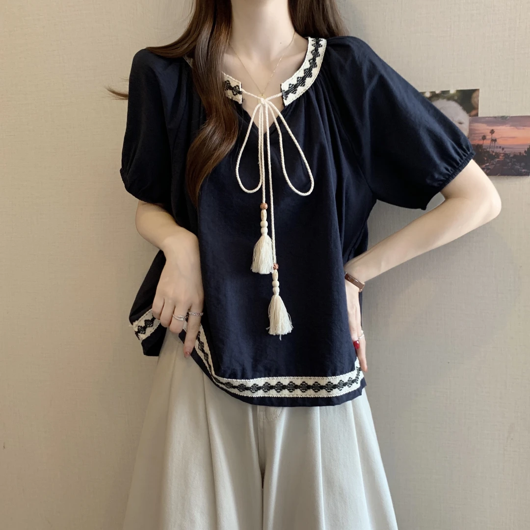 大码女装气质民族风遮肚百搭短袖设计感减龄宽松显瘦高级小衫上衣