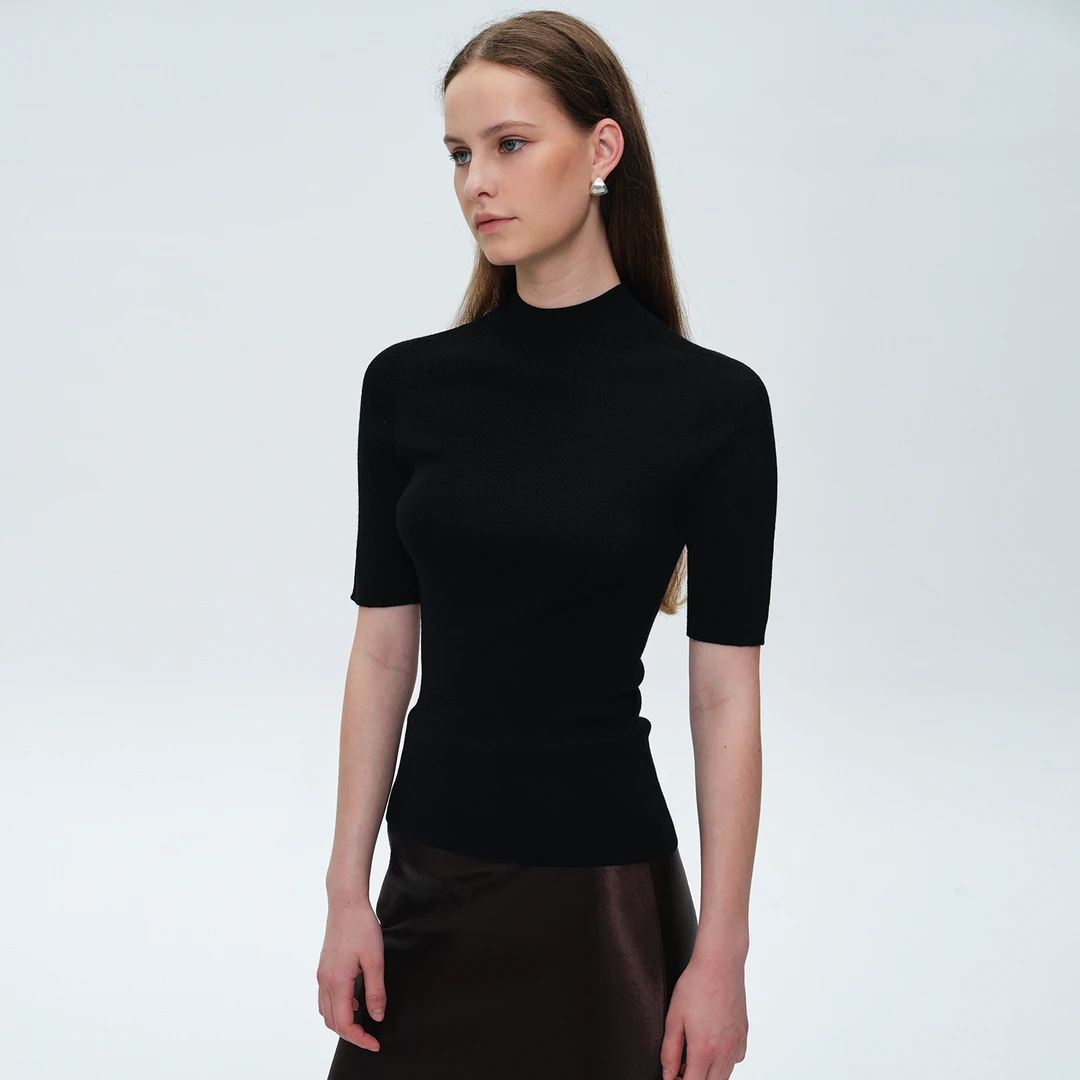 DNCY针织衫100羊毛高级感毛衫女中袖半高领修身半高领收腰上衣