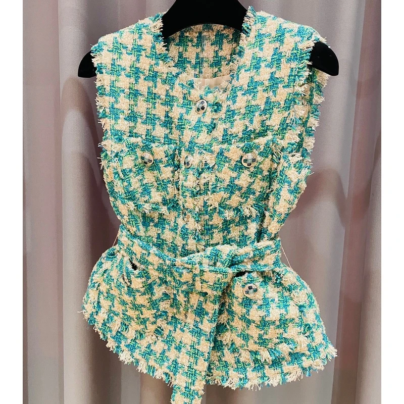 南油版本千鸟格粗花呢小香风马甲绿色时尚无袖显瘦夏季A012