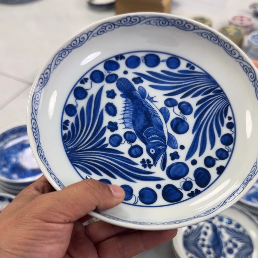 陶摆件青花鱼藻纹大壶承