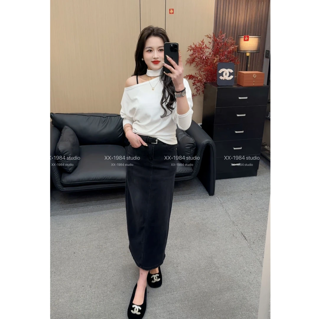 1984 精选【小斜肩】春季时尚设计感套脖上衣