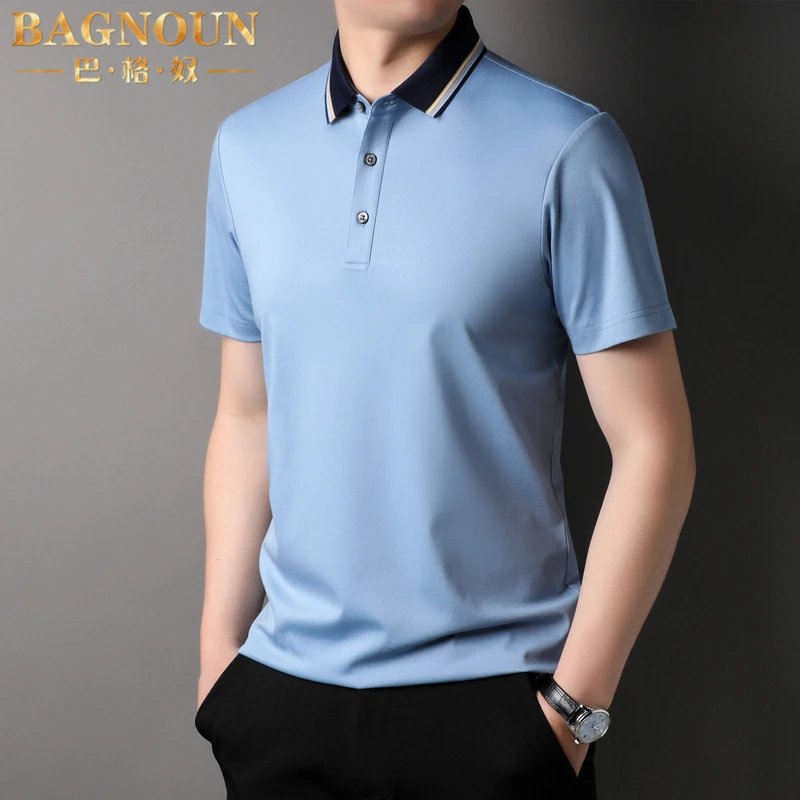巴格奴Polo衫男士夏季新款时尚高端条纹翻领纯色亚麻潮流l短袖T恤