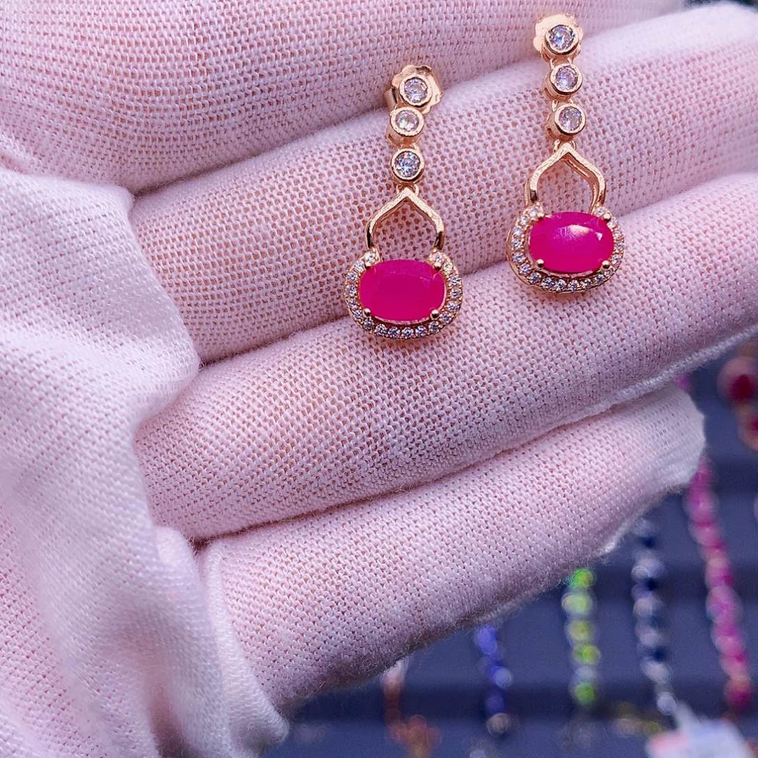 红宝石耳饰银S925镶嵌