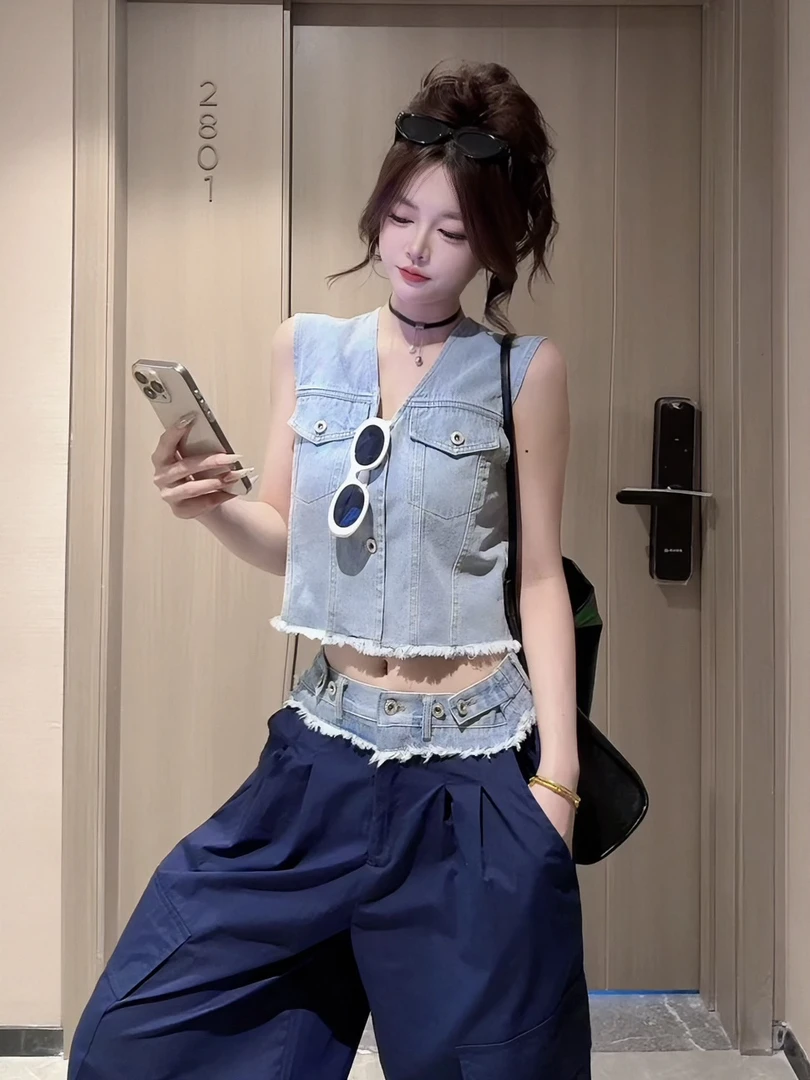 【CCDZ】夏季新品时尚设计感牛仔拼色马甲+阔腿裤两件套套装女