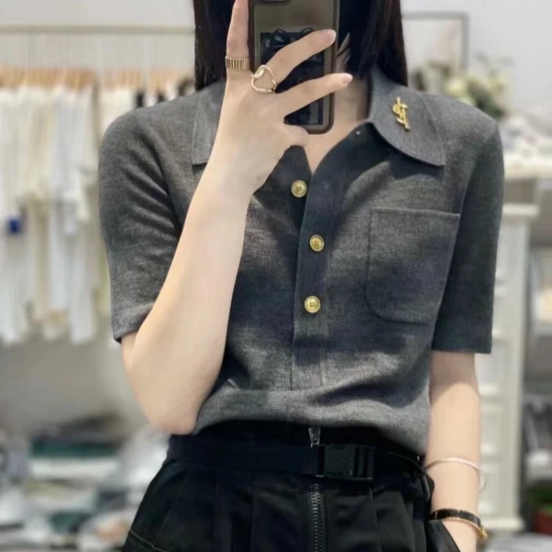 羊范春秋新款POLO领精纺羊毛针织短袖女宽松设计感上衣气质百搭T