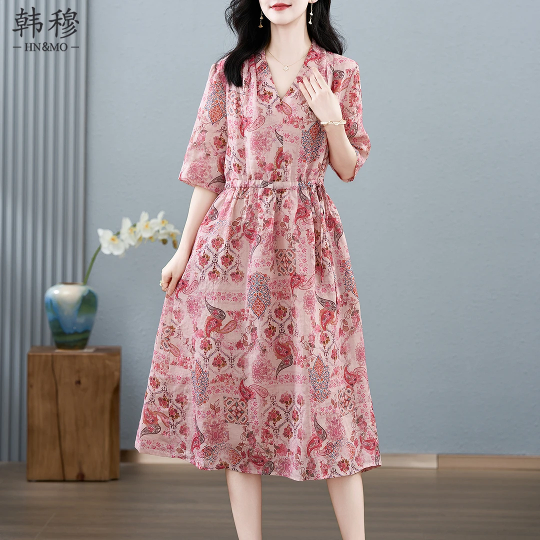 韩穆高档苎麻碎花连衣裙女2025夏季新款洋气时尚今年流行爆款裙子