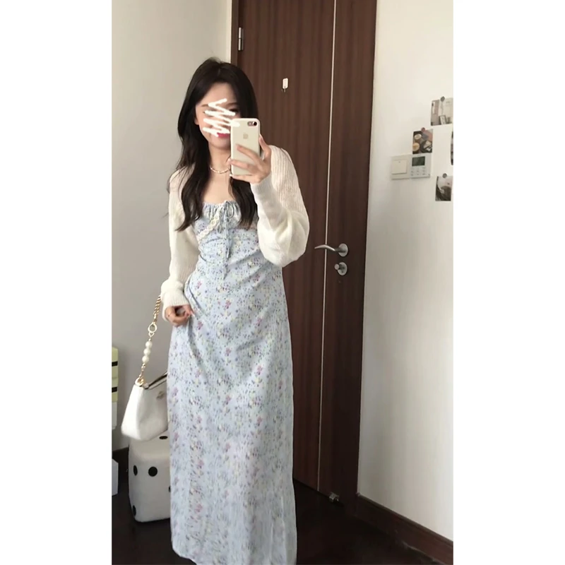 2025秋季新款女韩系甜美短款长袖针织开衫气质收腰碎花吊带连衣裙