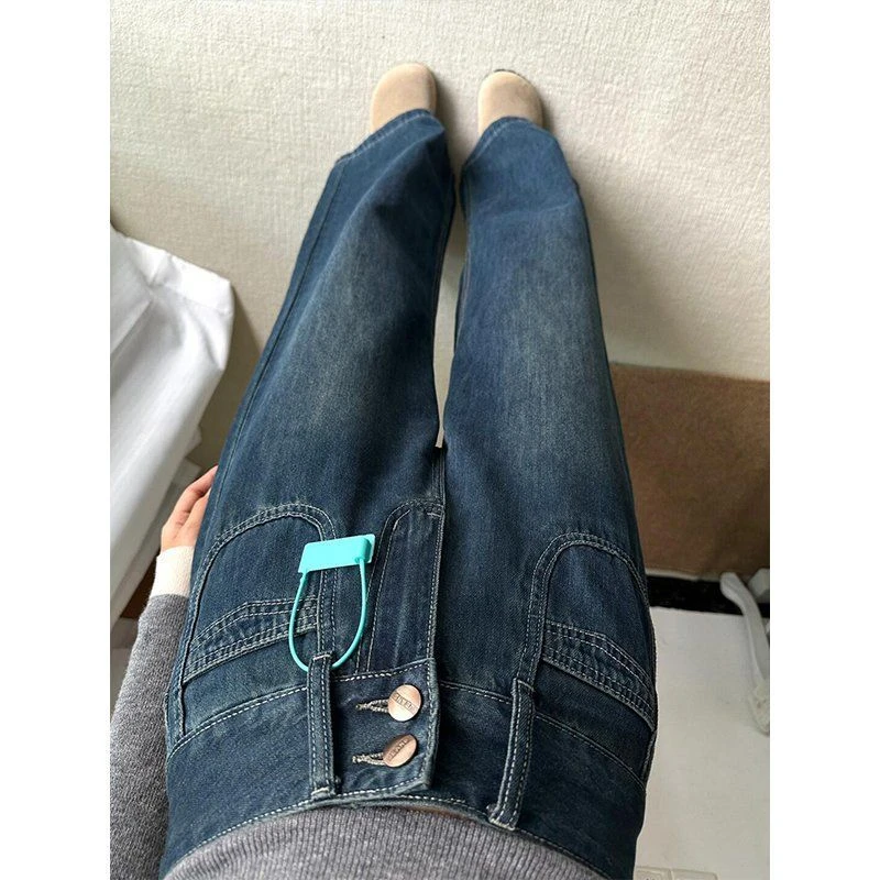 小个子复古设计感高腰阔腿牛仔裤女新款直筒显瘦宽松垂感拖地长裤