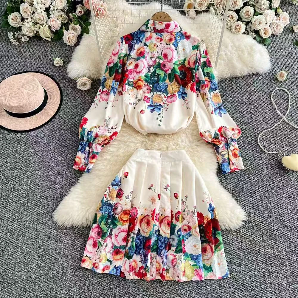 【晨浠定制】深圳南油新款时尚翻领印花衬衫修身显瘦百褶裙套装506