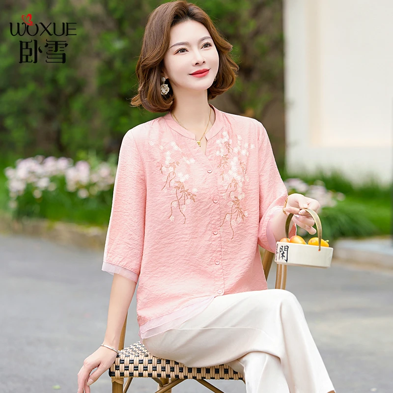 妈妈2025新款夏装中式短袖小衫套装洋气中老年女装气质上衣薄T恤