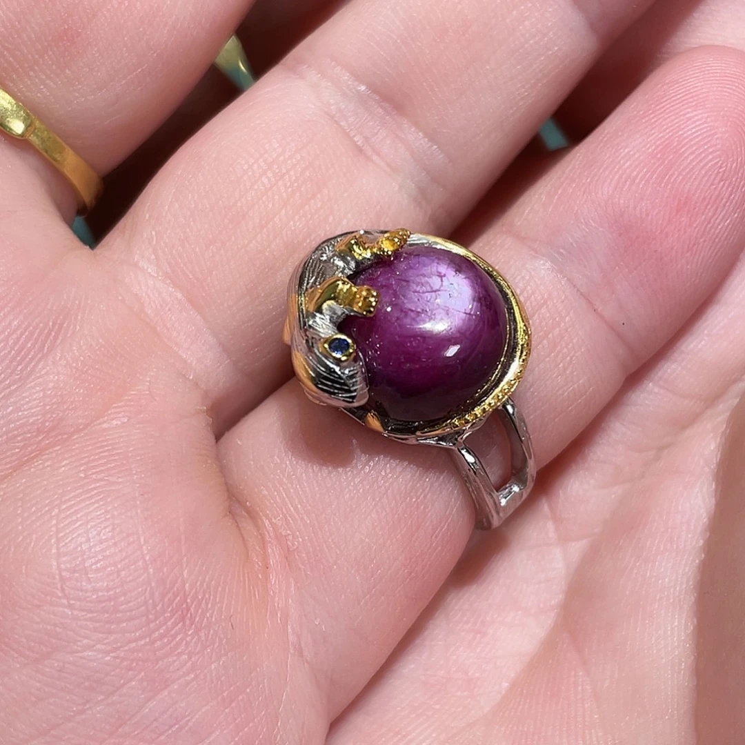 戒指红宝石银S925镀金镶嵌