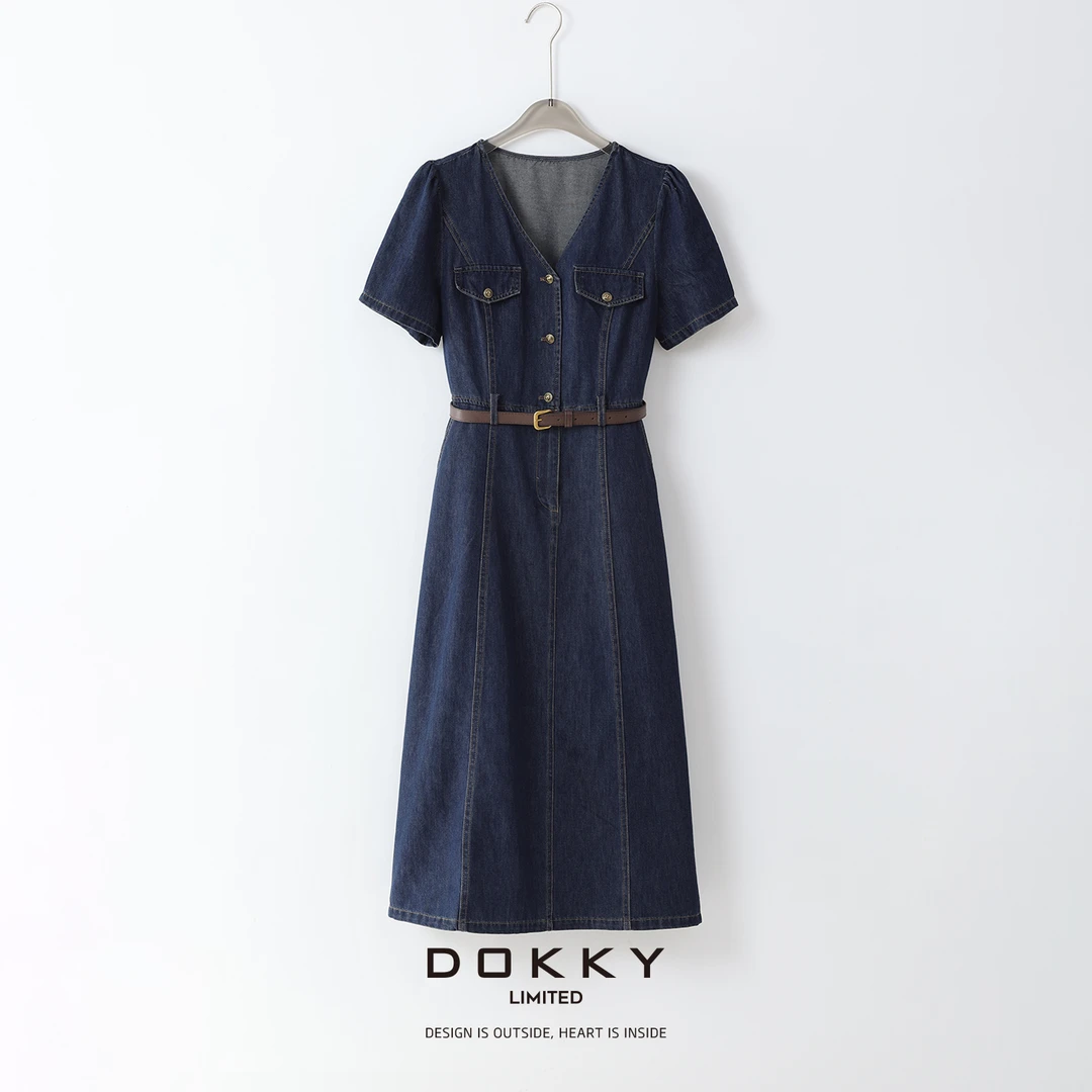 Dokky「普鲁士蓝.紫标」法式小复古.可收腰牛仔连衣裙LA0305