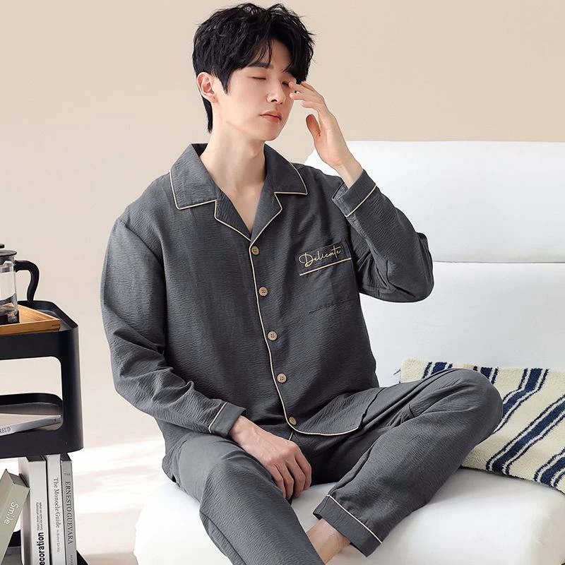2025春秋季新款睡衣男士长袖长裤翻领宽松舒适大码可外穿家居服男
