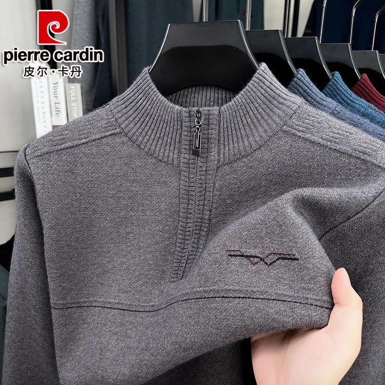 皮尔卡丹秋冬男士羊绒衫冬季半高领加厚拉链中年男装羊毛打底毛衣