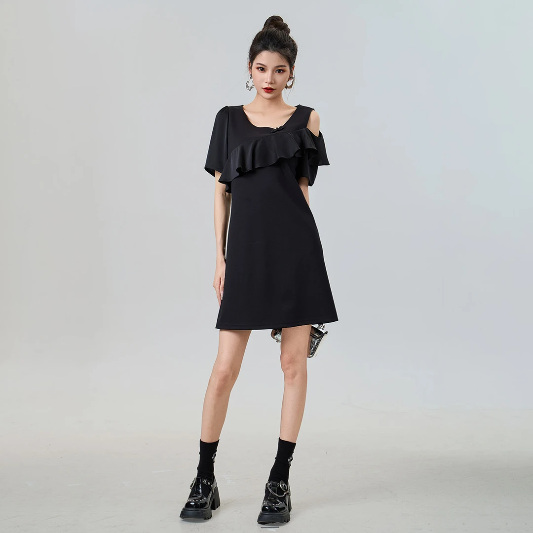 【云云专属】露肩荷叶边连衣裙MFBL151019