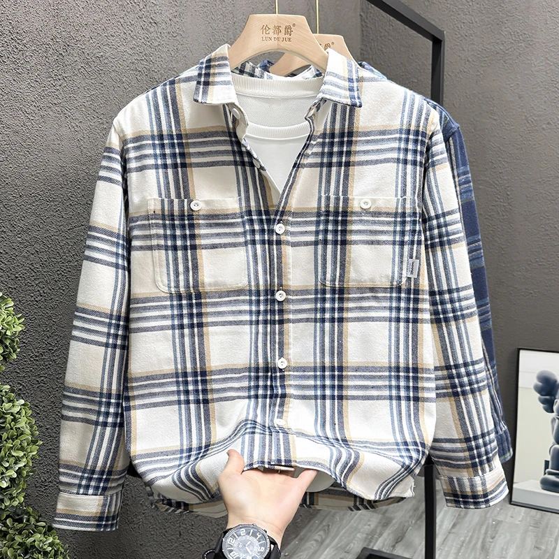 春季纯棉格子休闲衬衫春秋衬衣秋季宽松上衣时尚潮流日系外套男