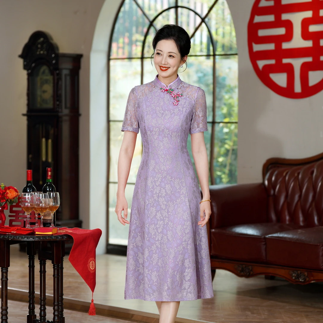 2025夏季母亲节妈妈蕾丝连衣裙高级感女儿结婚喜婆婆新中式旗袍