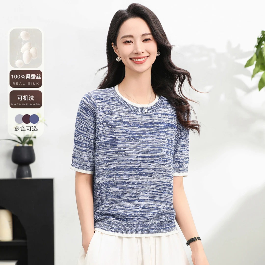 MUMENG/慕蒙【100%桑蚕丝】2025女士真丝休闲套头针织短袖-MUM5518T