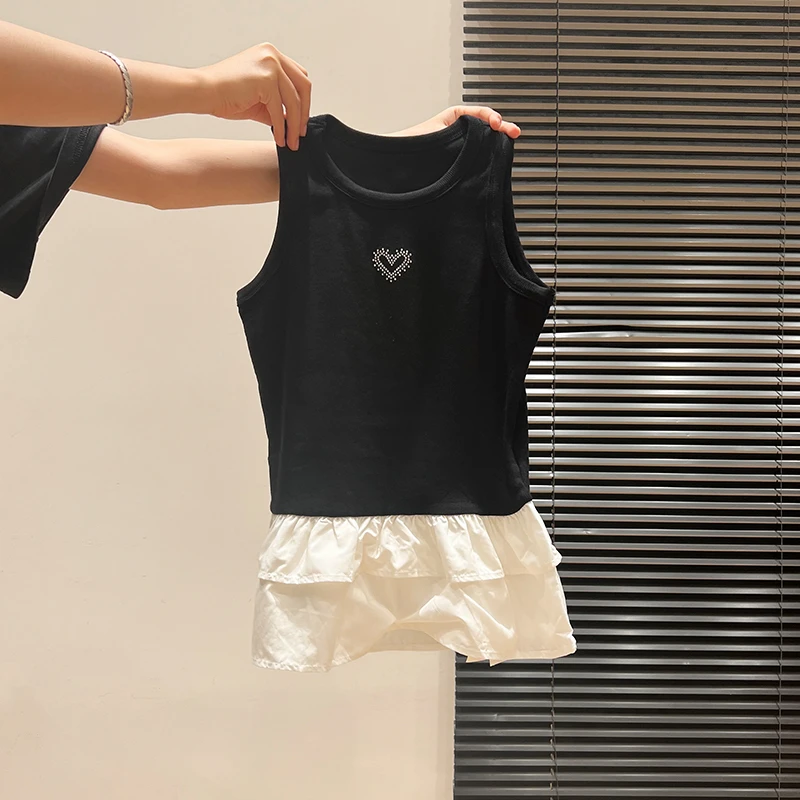 法式纯欲烫钻小吊带背心女夏季新款独特荷叶边外穿无袖上衣