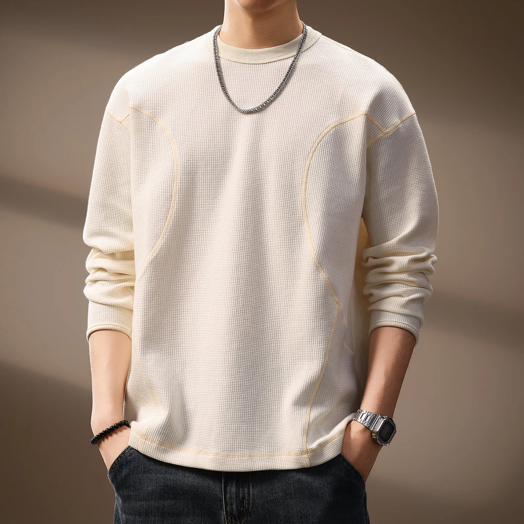 MR.MUDI/穆迪先生高端330g重磅华夫格休闲男士秋季宽松长袖T恤潮