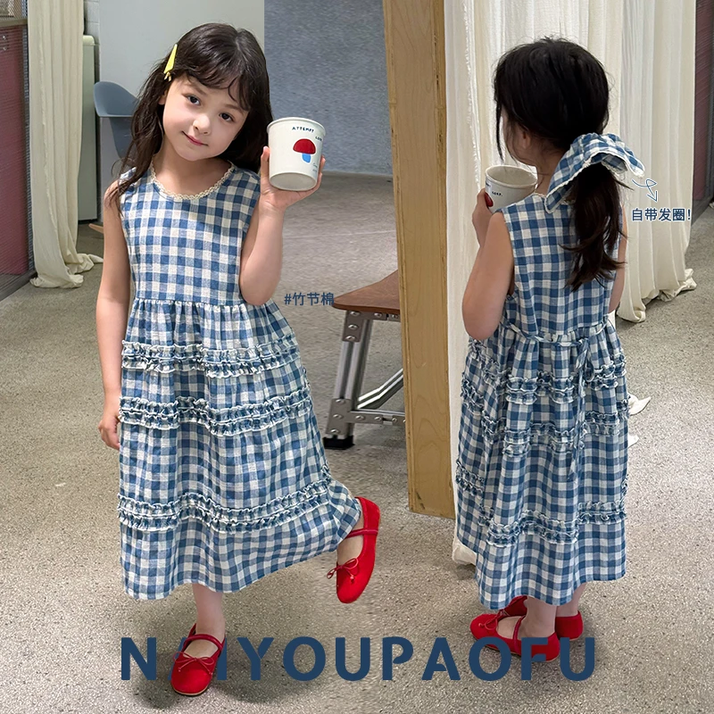 奶油家【格格blue】女童花边复古格子背心裙儿童长款无袖公主裙D175