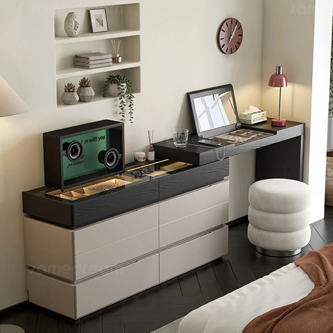 实木化妆桌梳妆台斗柜一体现代卧室简约转角轻奢高级感翻盖化妆台