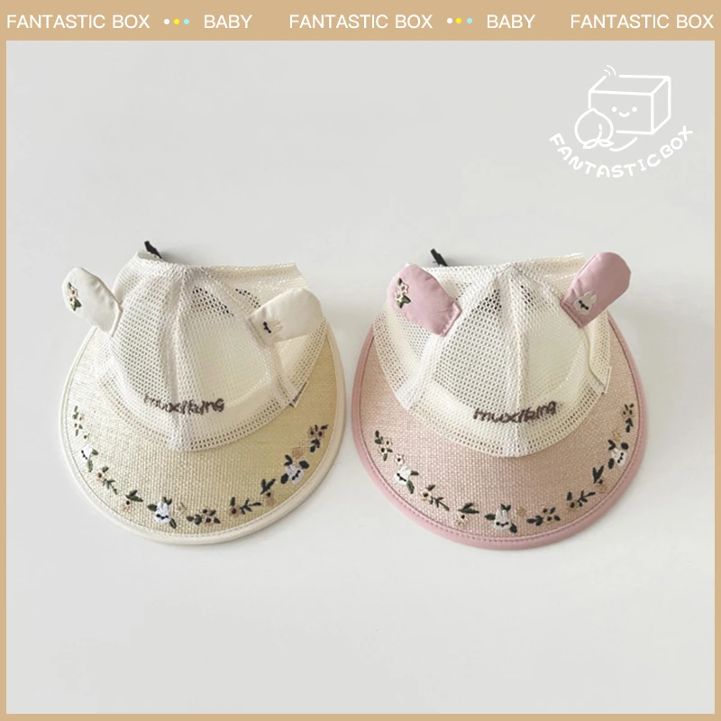 韩版儿童防晒帽ins夏季空顶帽女宝宝可扎马尾大檐小清新凉帽