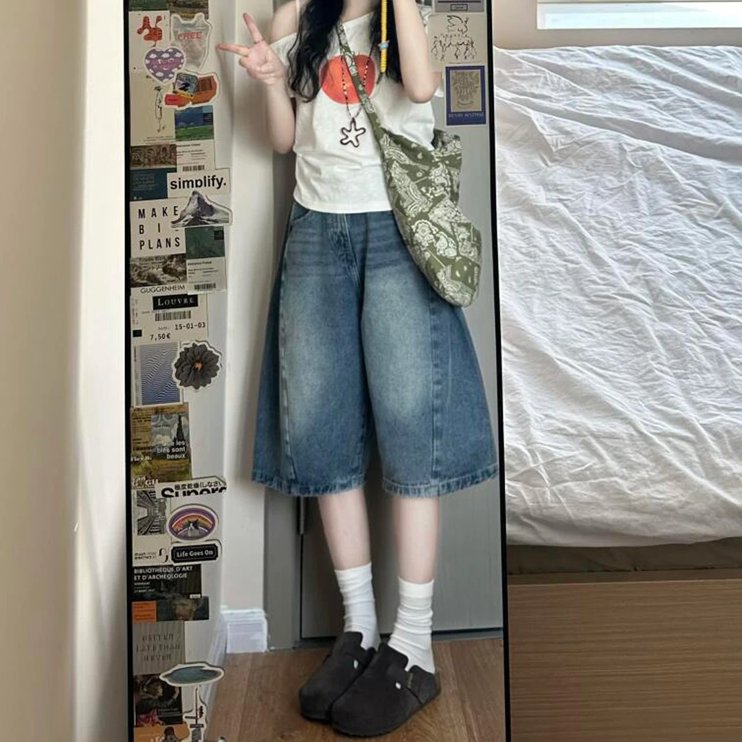 美式七分直筒牛仔裤女夏季新款胖妹妹mm高腰宽松显瘦弯刀阔腿短裤