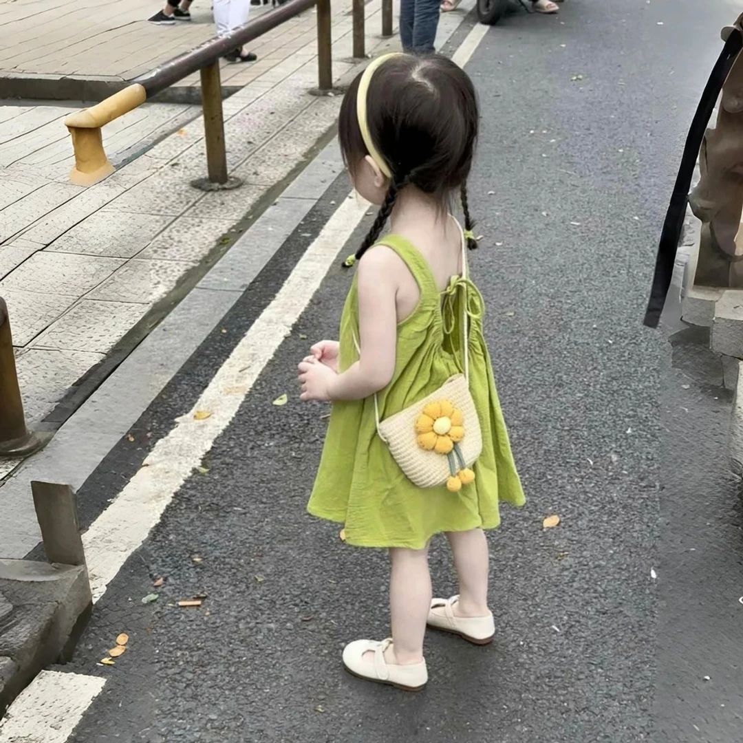 韩系女童连衣裙夏季洋气儿童时髦棉背心裙女宝宝小清新绿色裙子