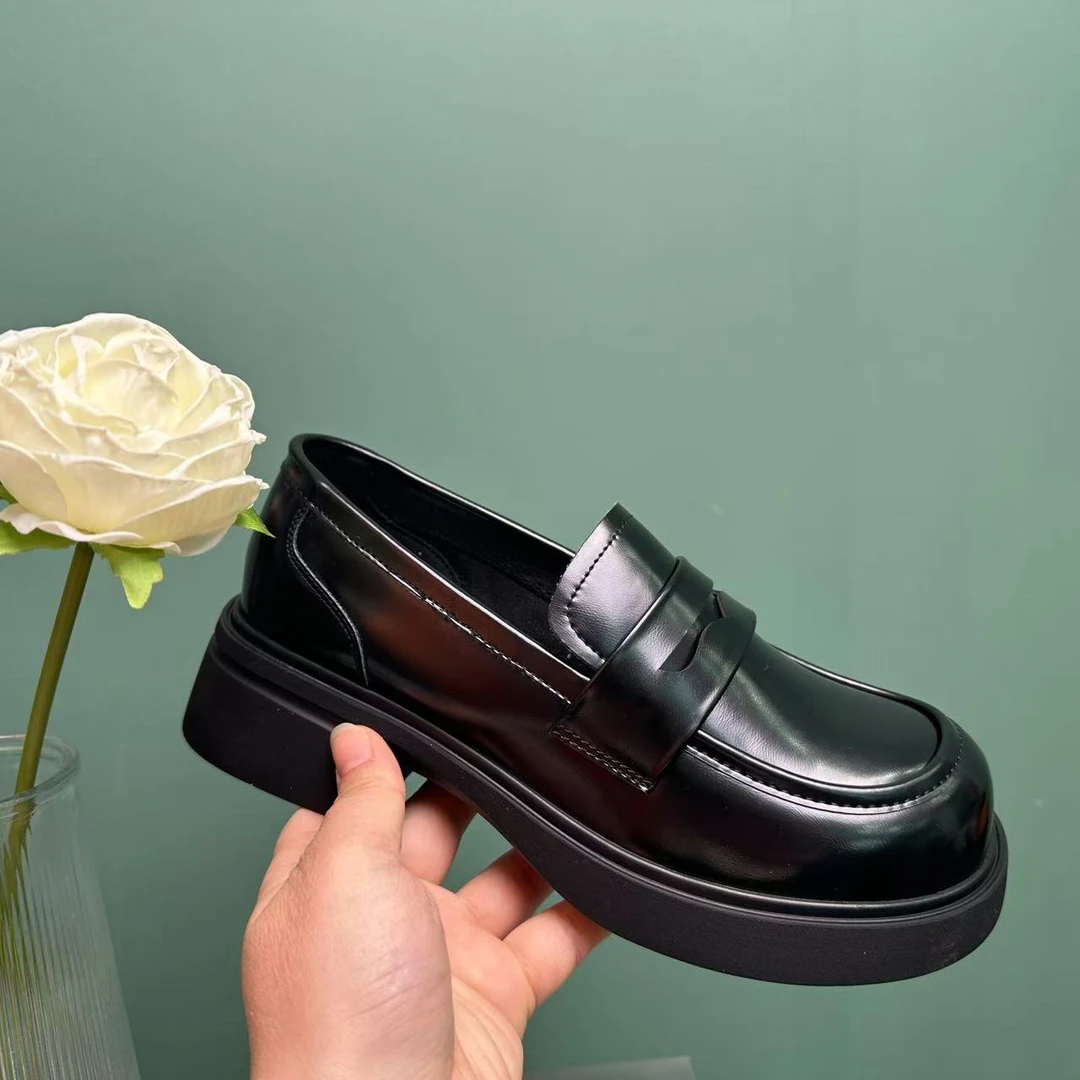 9155女鞋皮鞋单鞋乐福鞋时尚厚底英伦风舒适圆头粗跟春季真皮黑色