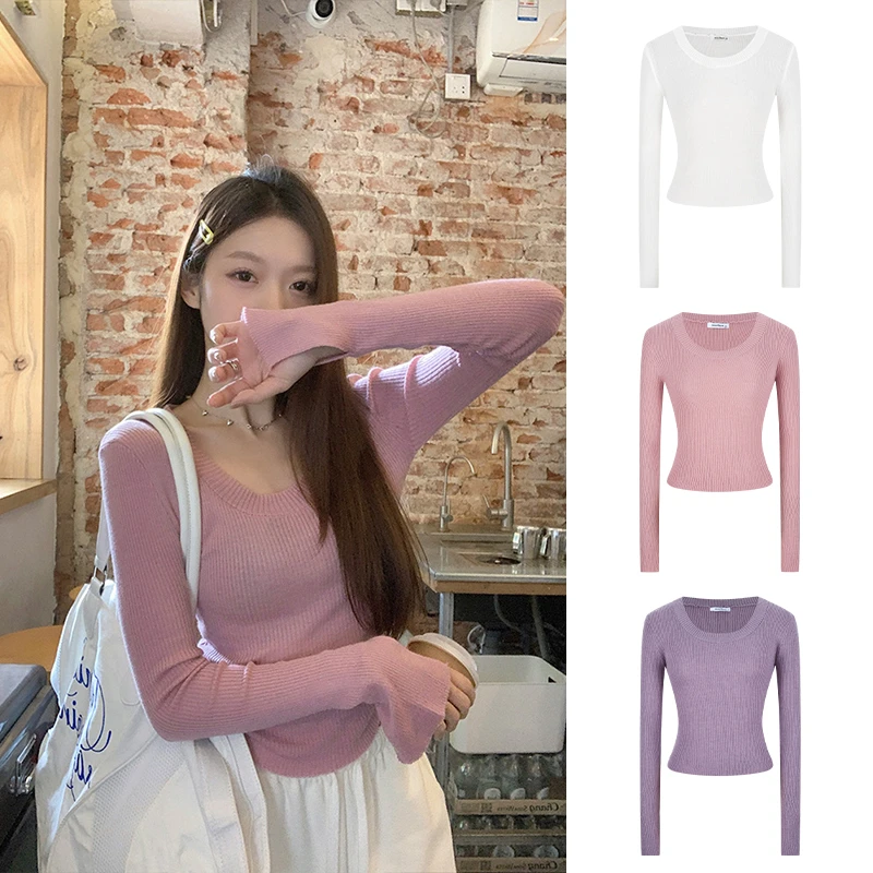 MosesQueen/魔西女王 螺纹U领纸片人纯欲喇叭袖长袖针织衫上衣