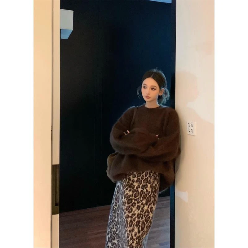 时髦复古气质辣妹针织毛衣上衣+豹纹半身裙套装#66471