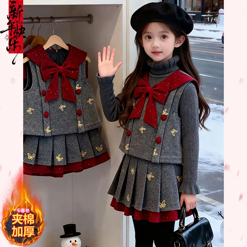 女童夹棉毛呢马甲针织衫百褶裙秋冬2025新款红色蝴蝶结甜美三件套