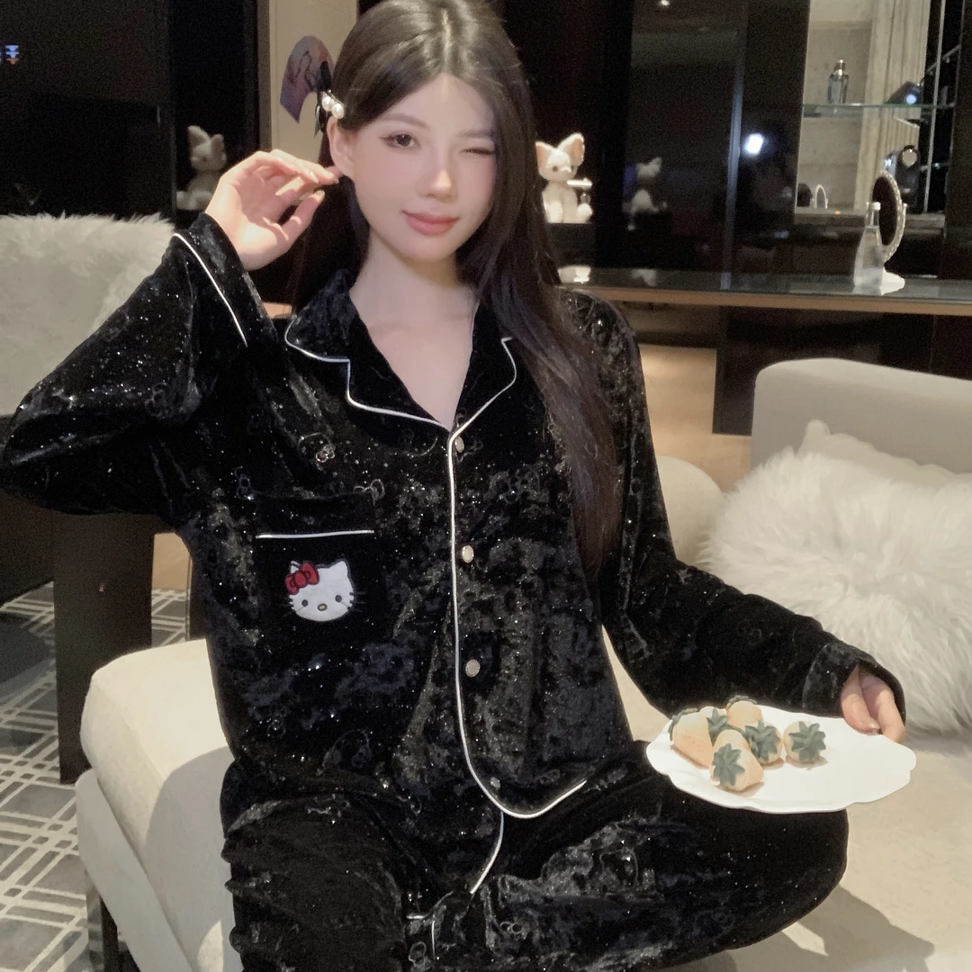KT猫睡衣女春秋季金丝绒长袖套装2025新款满天星可外穿家居服秋冬