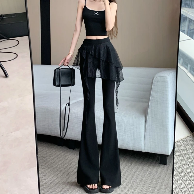 蕾丝花边拼接屁帘假两件微喇裤女夏修身弹力高腰裤垂感休闲拖地裤