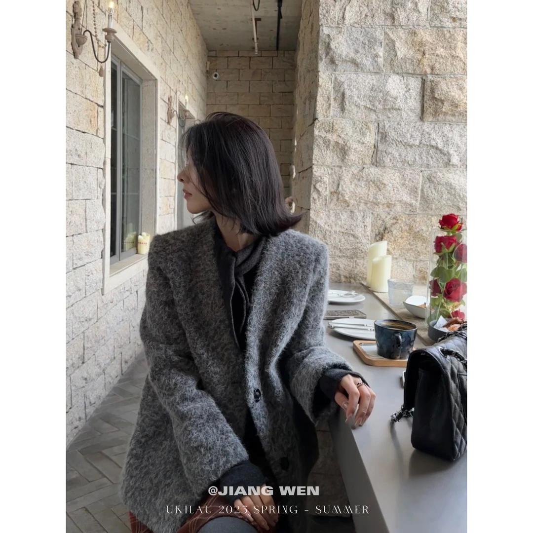 UKILAU【巴塞旧事】设计感毛毛软糯韩版宽松休闲西装外套