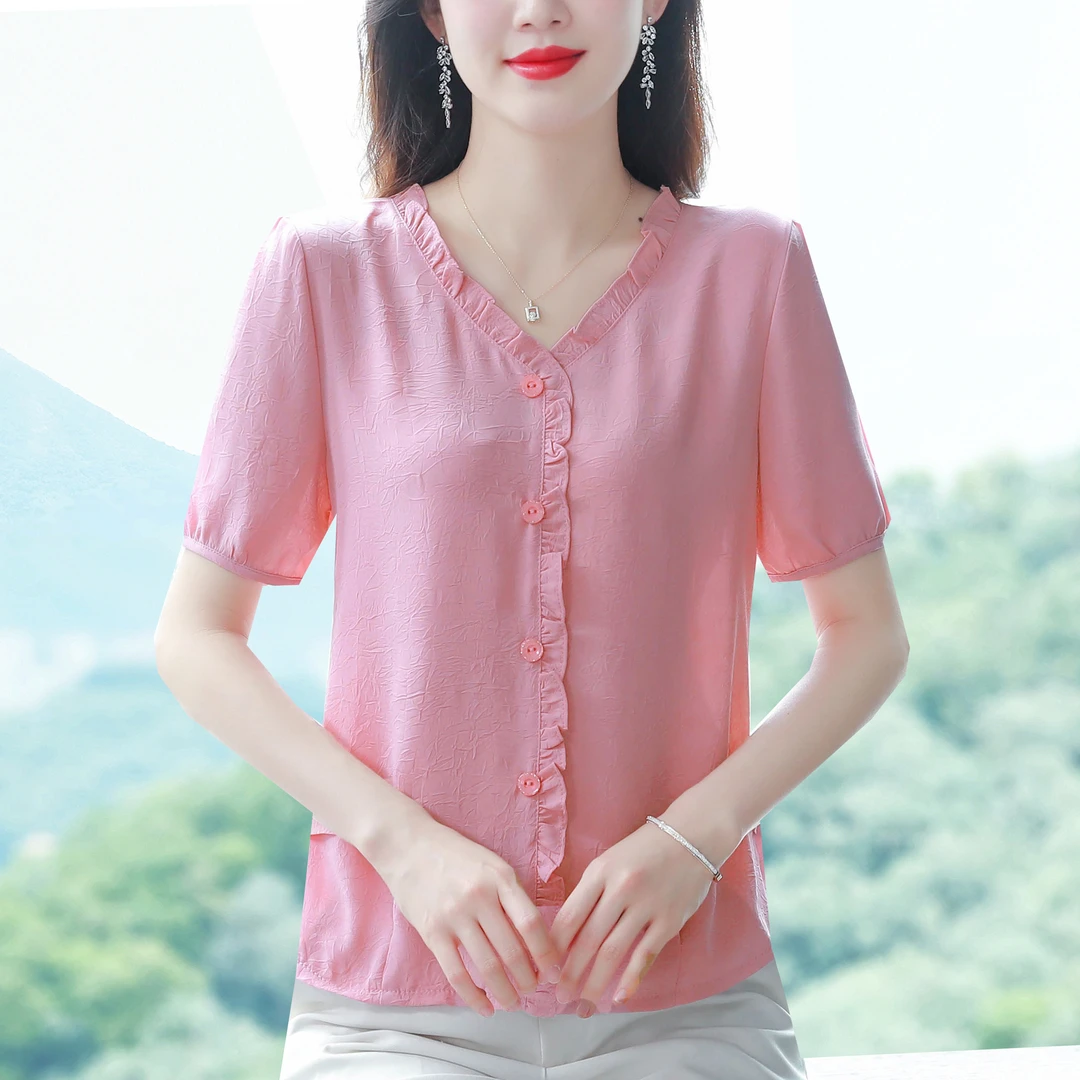 2025夏季新款短袖雪纺衫纯色百搭遮肚子V领荷叶边洋气衬衫女上衣