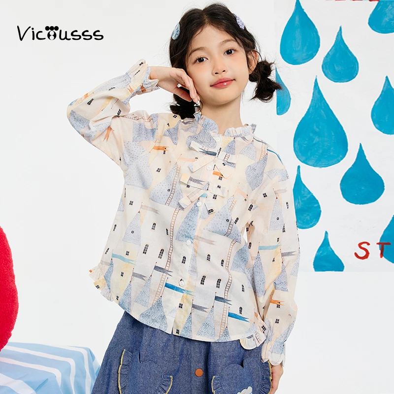 viciusss童装女童印花衬衫2025春秋新款儿童纯棉上衣时尚洋气百搭