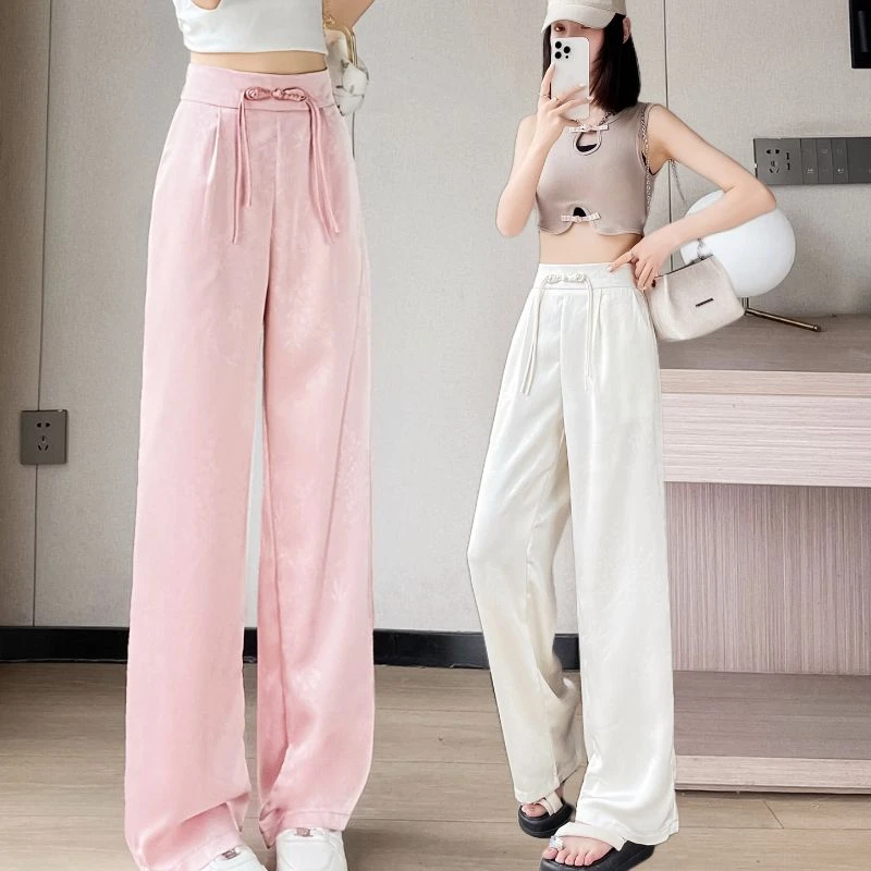 新中式提花缎面盘扣阔腿裤女2025夏季新款高腰显瘦国风冰丝休闲裤