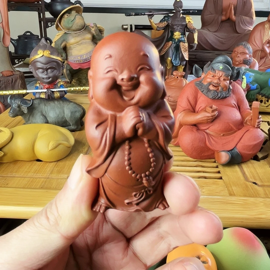 紫砂茶壶笑弥勒茶宠红泥