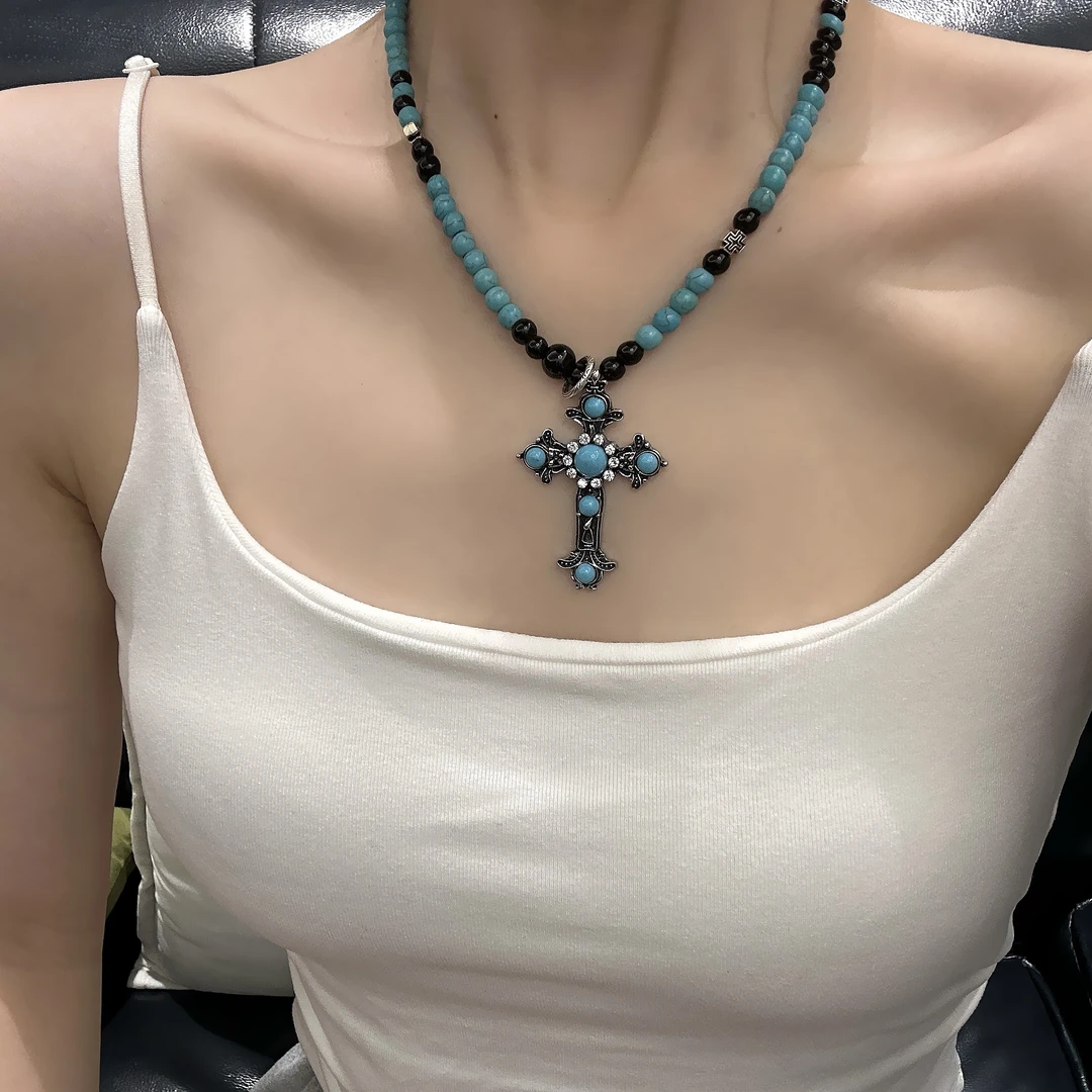 合金项链 周末饰界/.复古民族做旧绿石十字架吊坠项链高级个性