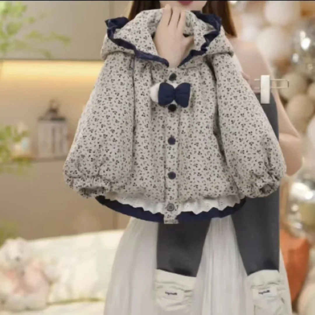 女童秋冬季棉服加厚洋气外套2025新款儿童韩版连帽碎花蝴蝶结棉衣