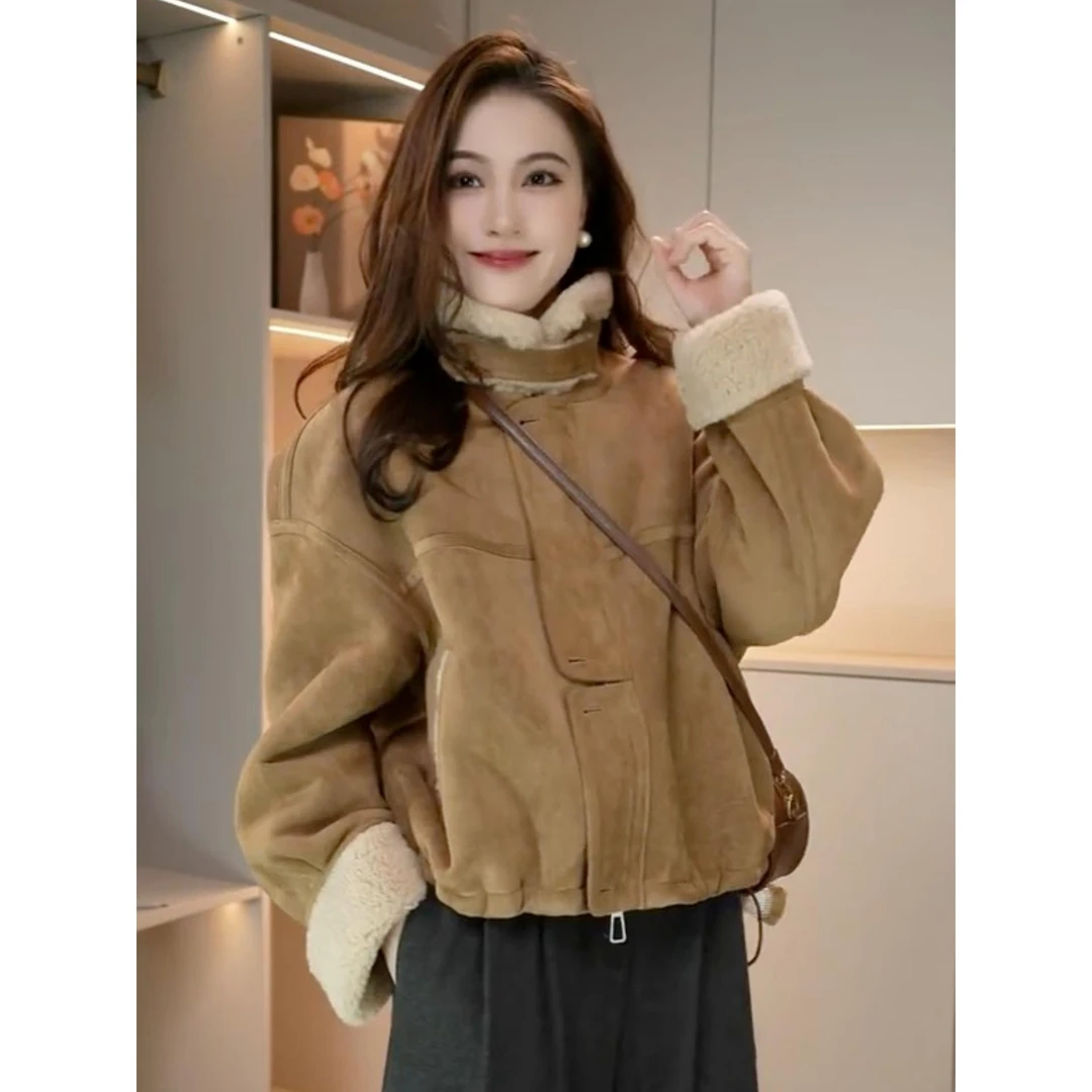 .皮毛一体外套女短款2025秋冬新款休闲机车服加厚夹克上衣.